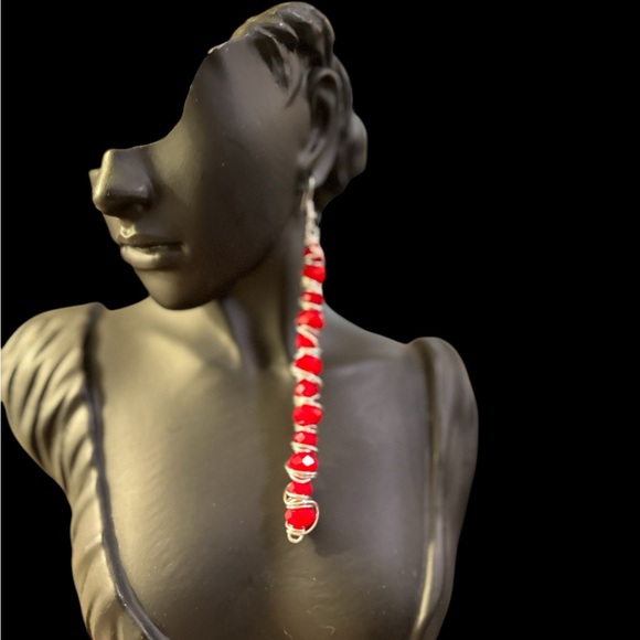 Handcrafted 5” Red Wired Wrapped Long Earrings - Picture 3 of 7
